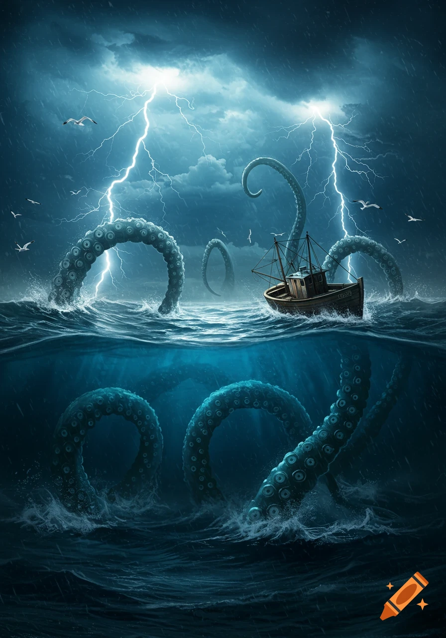 A stylized illustration of a giant tentacled sea monster attacking a fishing boat during a fierce lightning storm on a dark ocean.