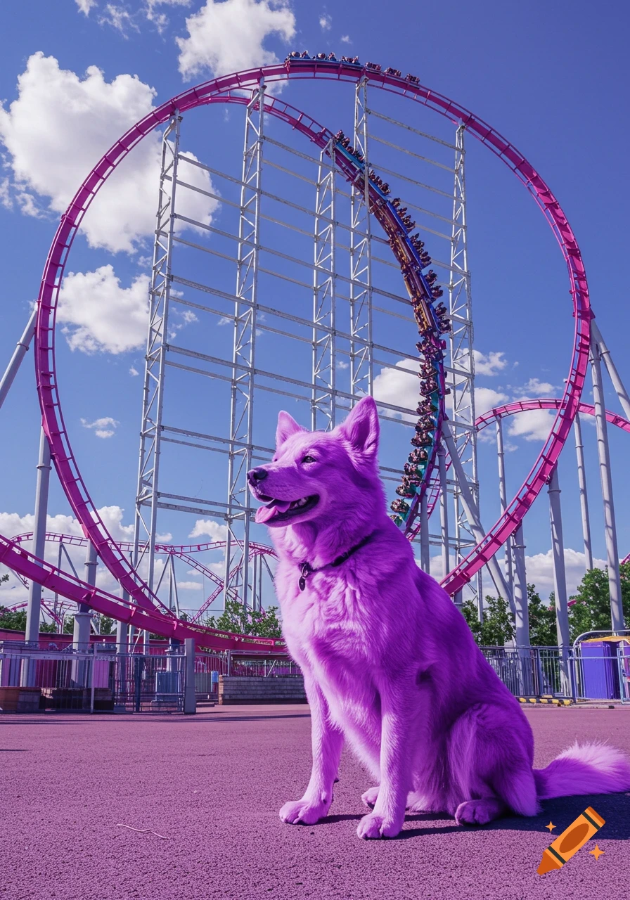 A photorealistic purple dog sits on purple ground with a pink rollercoaster looping in the background under a blue sky.