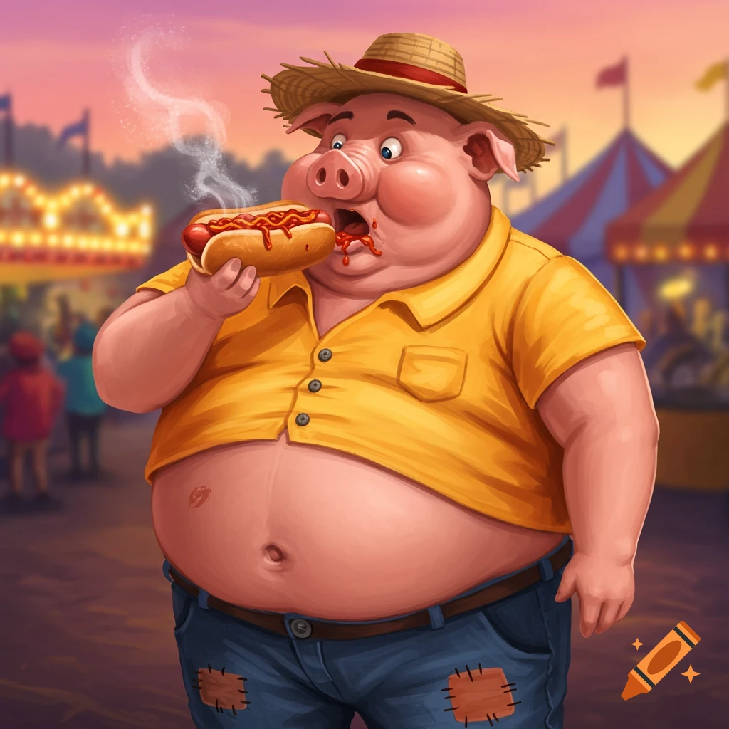 A fat cartoon pig man wearing a straw hat and yellow shirt, messily eating a hot dog at a lively fair.