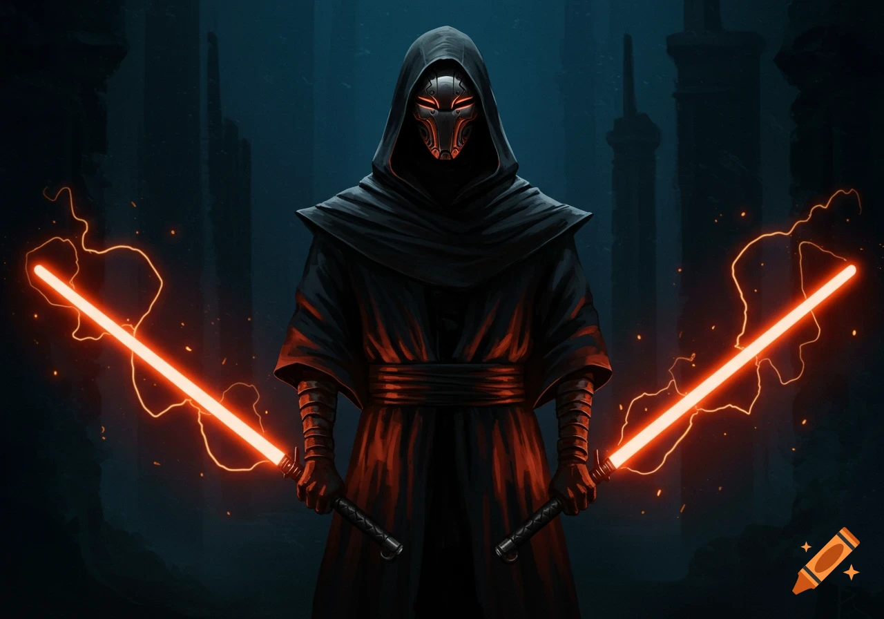 A hooded figure in black robes and a red-glowing mask holds two bright orange lightsabers in a dark, stylized city.