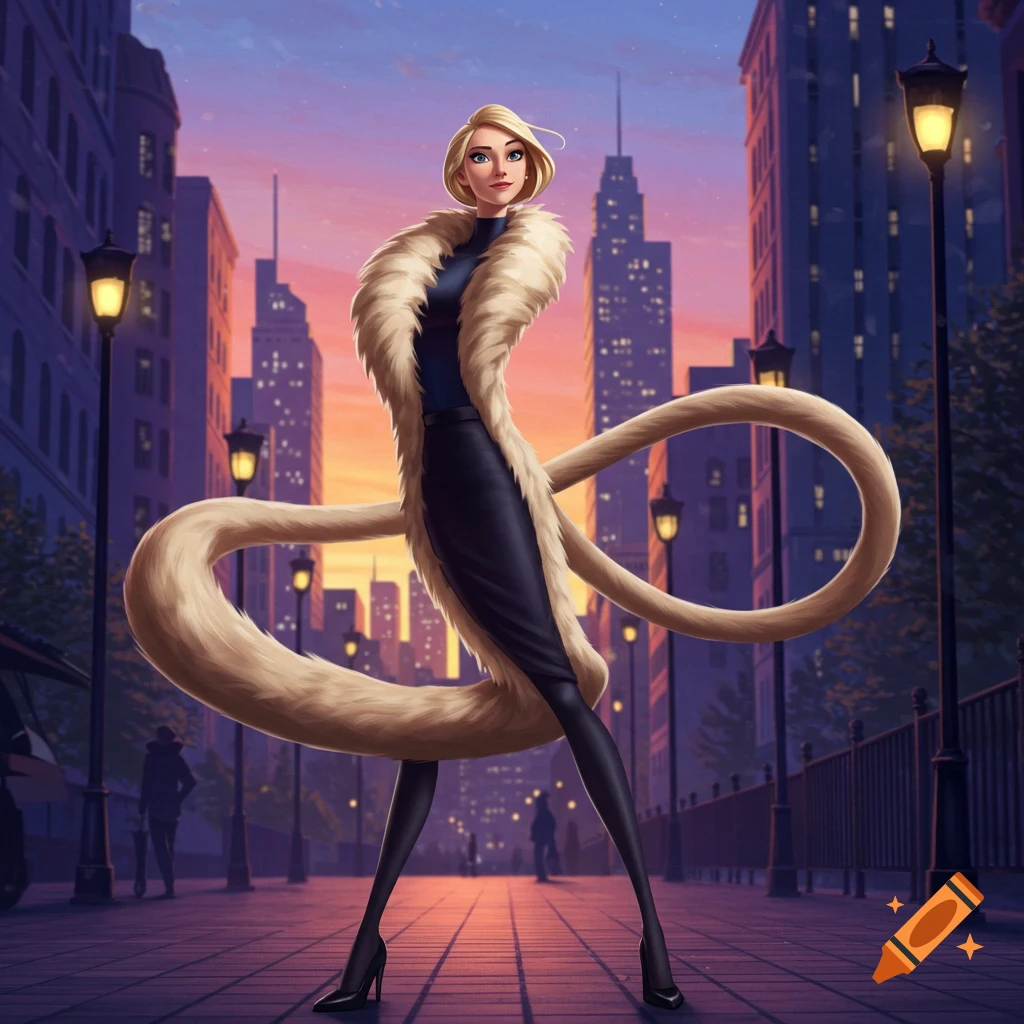 A stylized blonde woman in a black outfit with an exaggerated, long fur boa, standing on a city street at sunset.