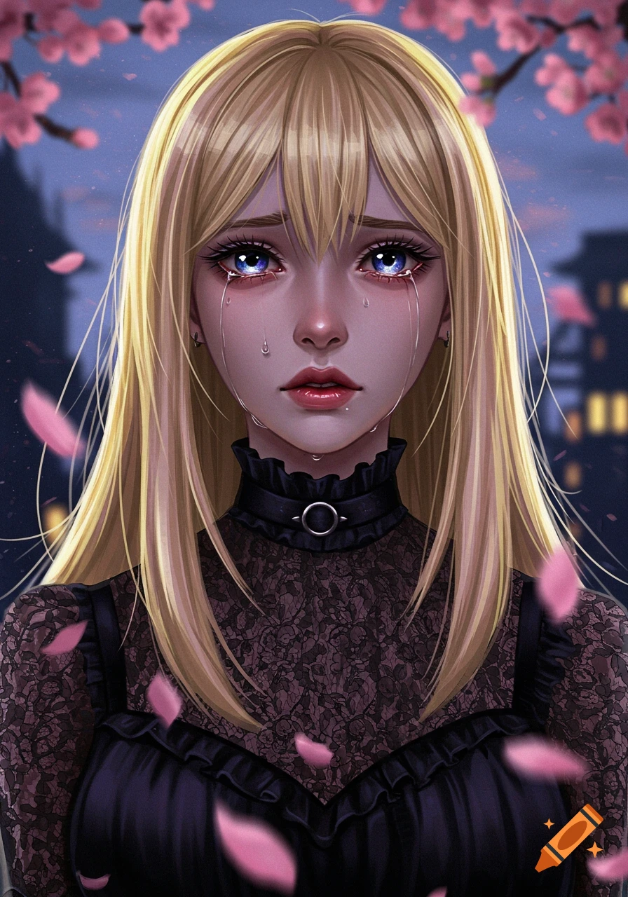 Anime illustration of a blonde woman with blue eyes crying, wearing a black lace dress, with cherry blossoms falling at night.
