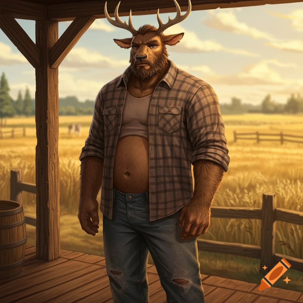 A muscular, bearded stag furry farmer with antlers stands on a wooden porch, wearing a plaid shirt and ripped jeans, overlooking a golden field.