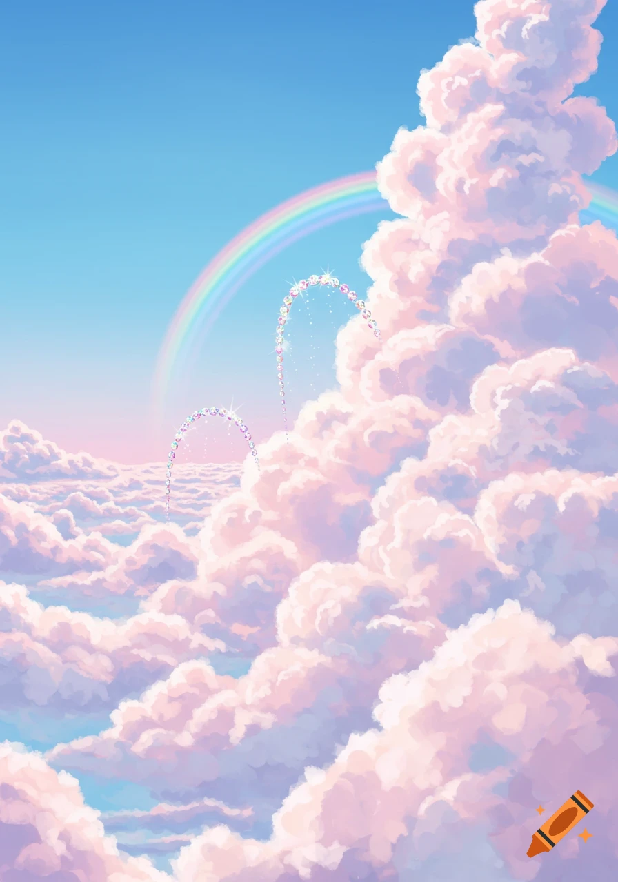 An illustration of a vibrant blue sky filled with bright, billowing pink and purple clouds, a rainbow, and arcs made of sparkling faceted jewels.