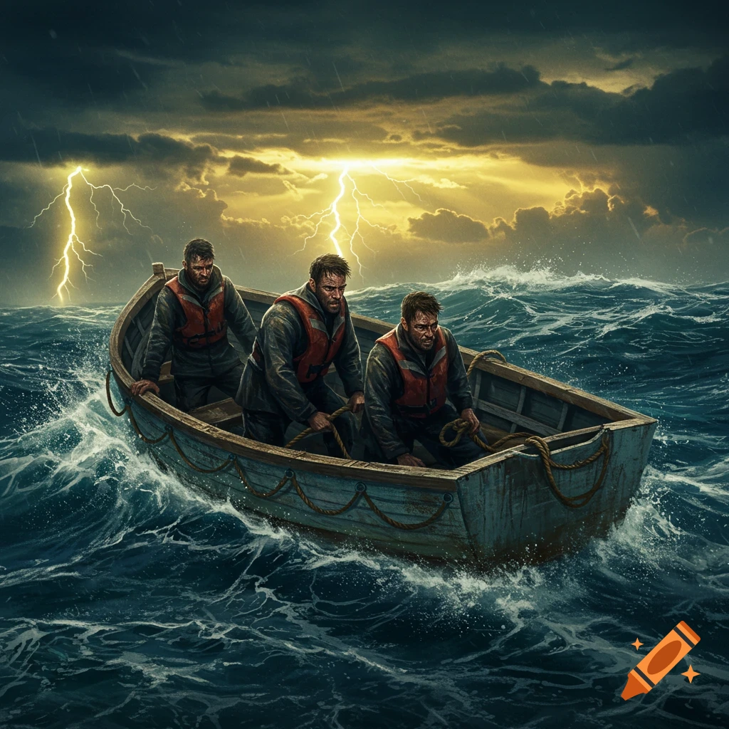 Three distressed men in life vests in a small boat on a stormy sea with lightning, photorealistic style.