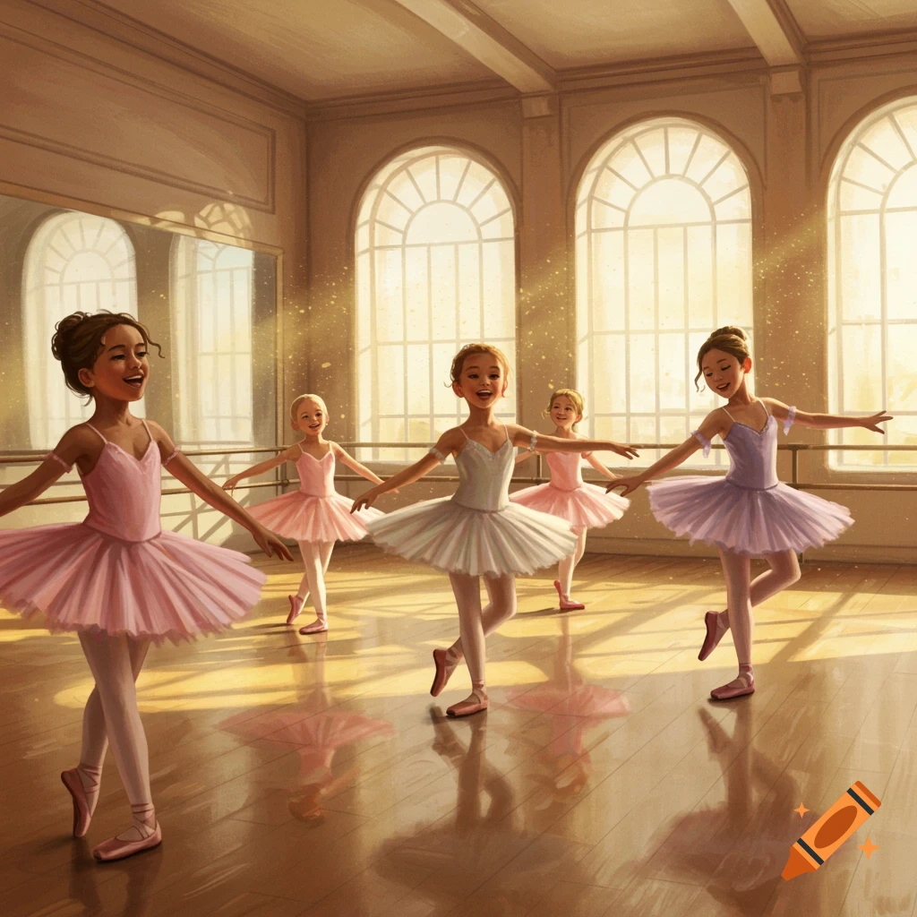 Young girls in pink and white tutus dancing ballet in a sunlit studio with large arched windows, painterly style.