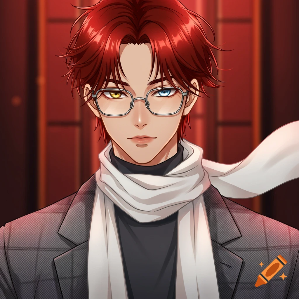 Anime portrait of a man with red hair, heterochromia, glasses, a gray plaid blazer, and a white scarf.