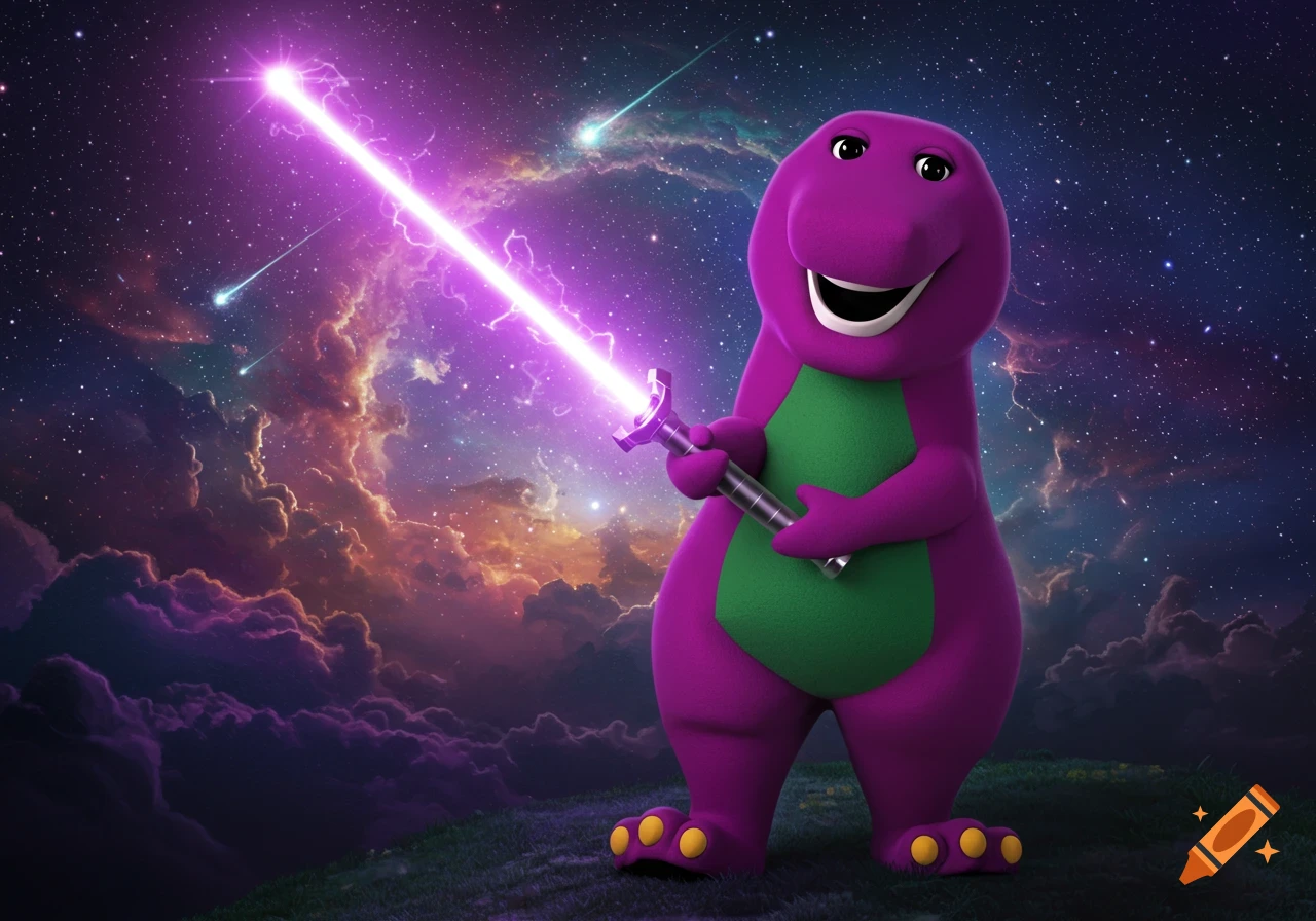 Barney the purple dinosaur holds a glowing purple lightsaber against a vibrant cosmic sky with clouds and stars.