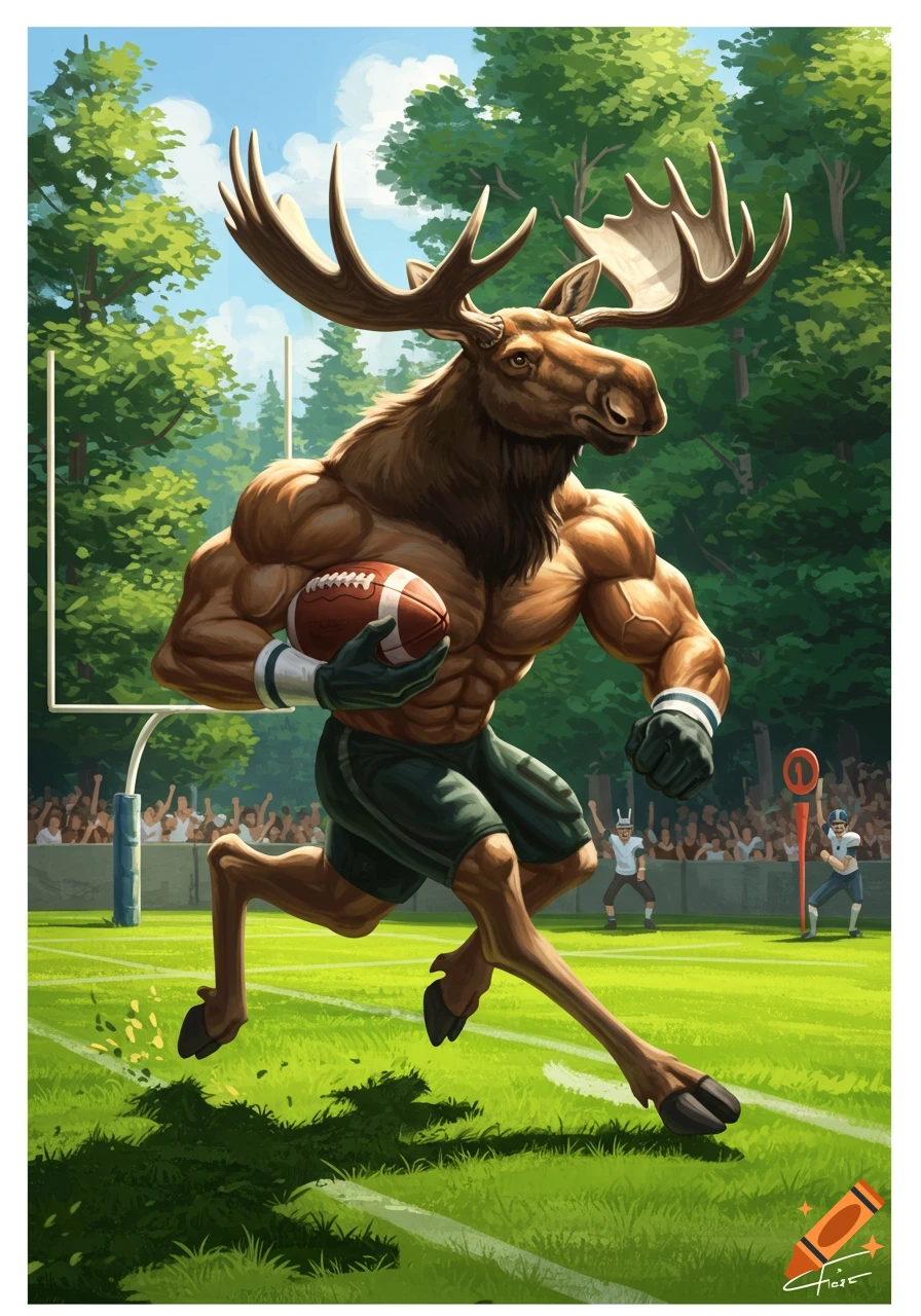 A muscular, anthropomorphic moose with large antlers runs with a football on a green field during a game, with spectators in the background. Digital art style.