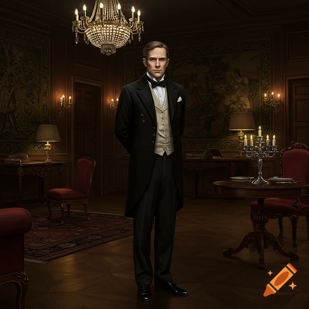 A photorealistic portrait of a serious Victorian butler standing formally in a grand, dimly lit room with antique furniture.