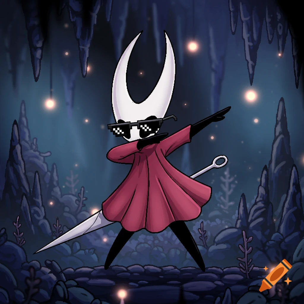 Hornet from Hollow Knight wearing pixelated meme sunglasses and doing a dab pose in a dimly lit cave.
