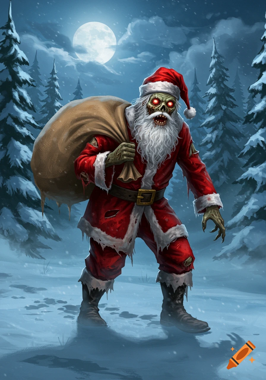 A grotesque zombie Santa Claus with glowing red eyes and torn suit carries a sack through a snowy, moonlit forest, digital art.