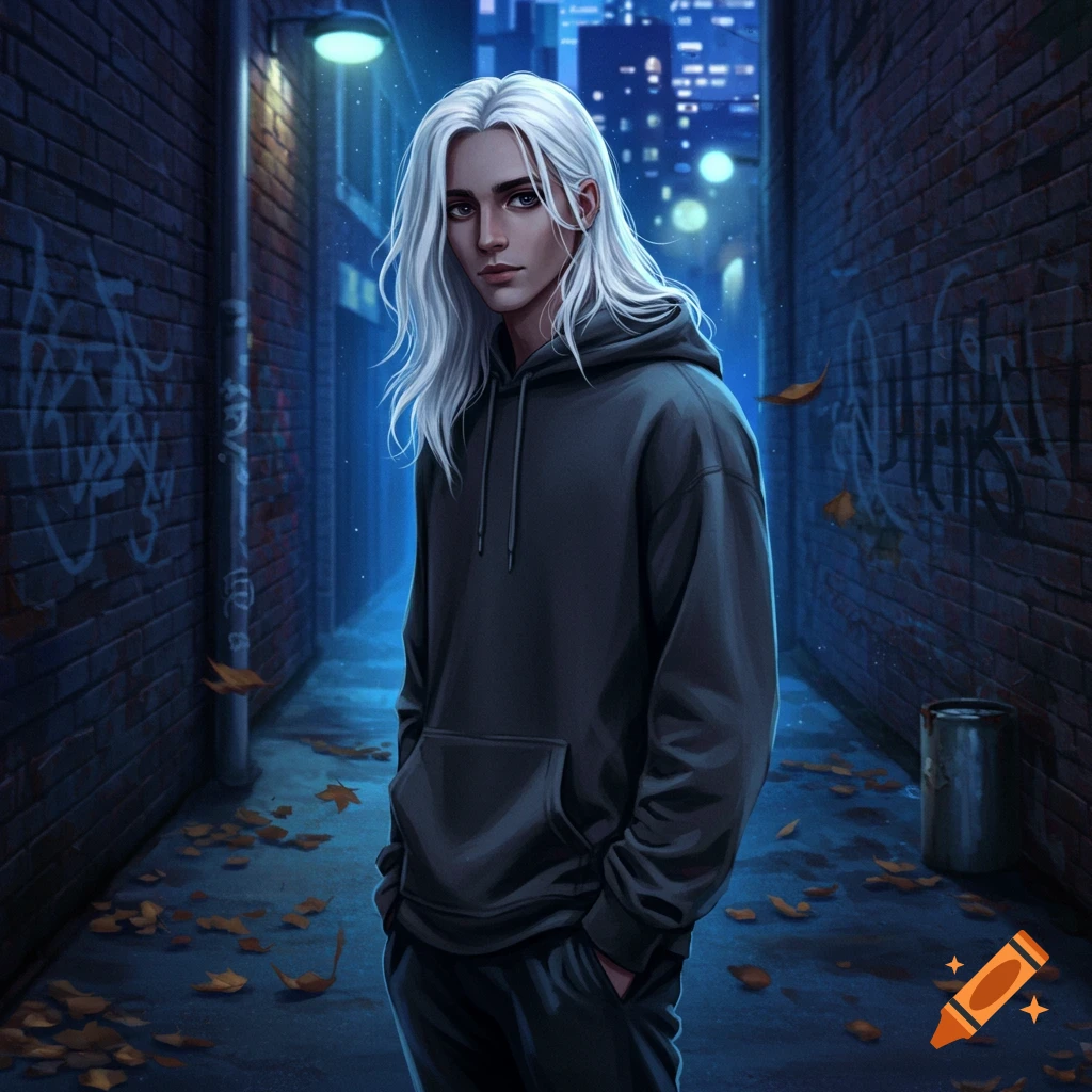 A long white-haired guy in a dark hoodie and sweatpants stands in a dimly lit city alleyway at night, in an anime art style.