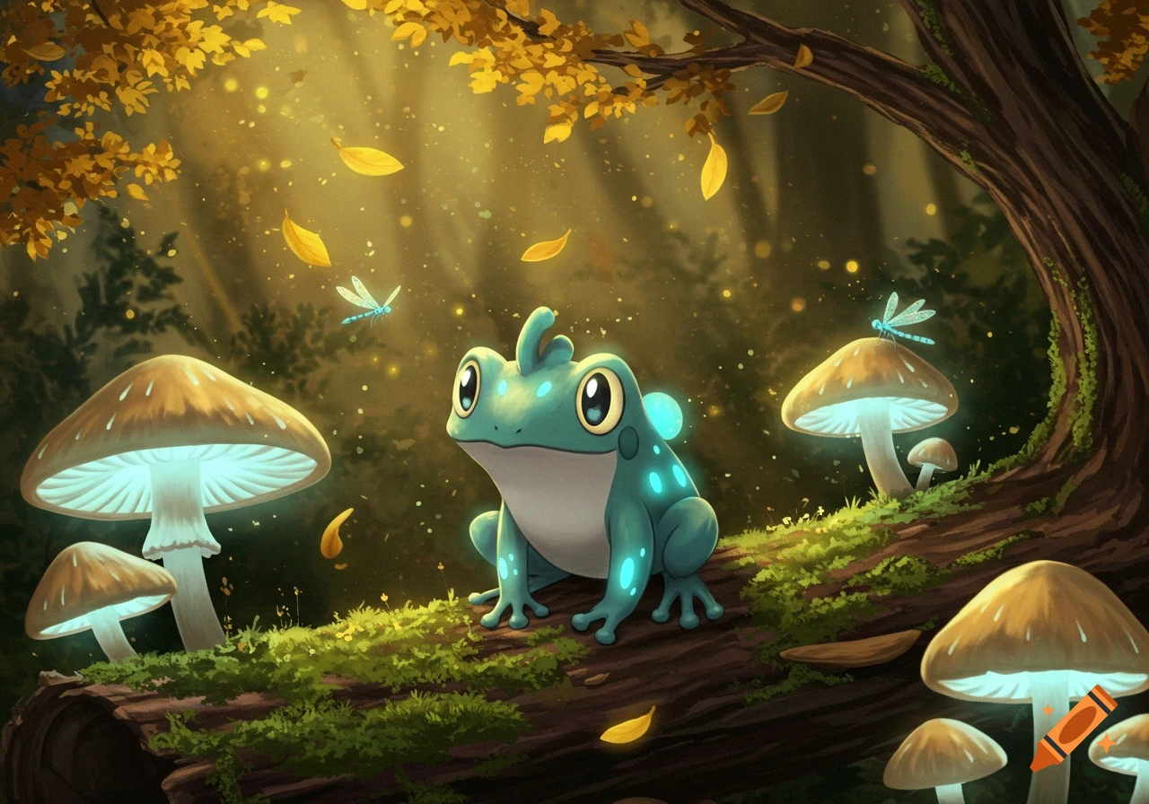 A cute, teal-colored, glowing frog sits on a mossy log in an enchanted forest with glowing mushrooms and fireflies, in an illustrative style.