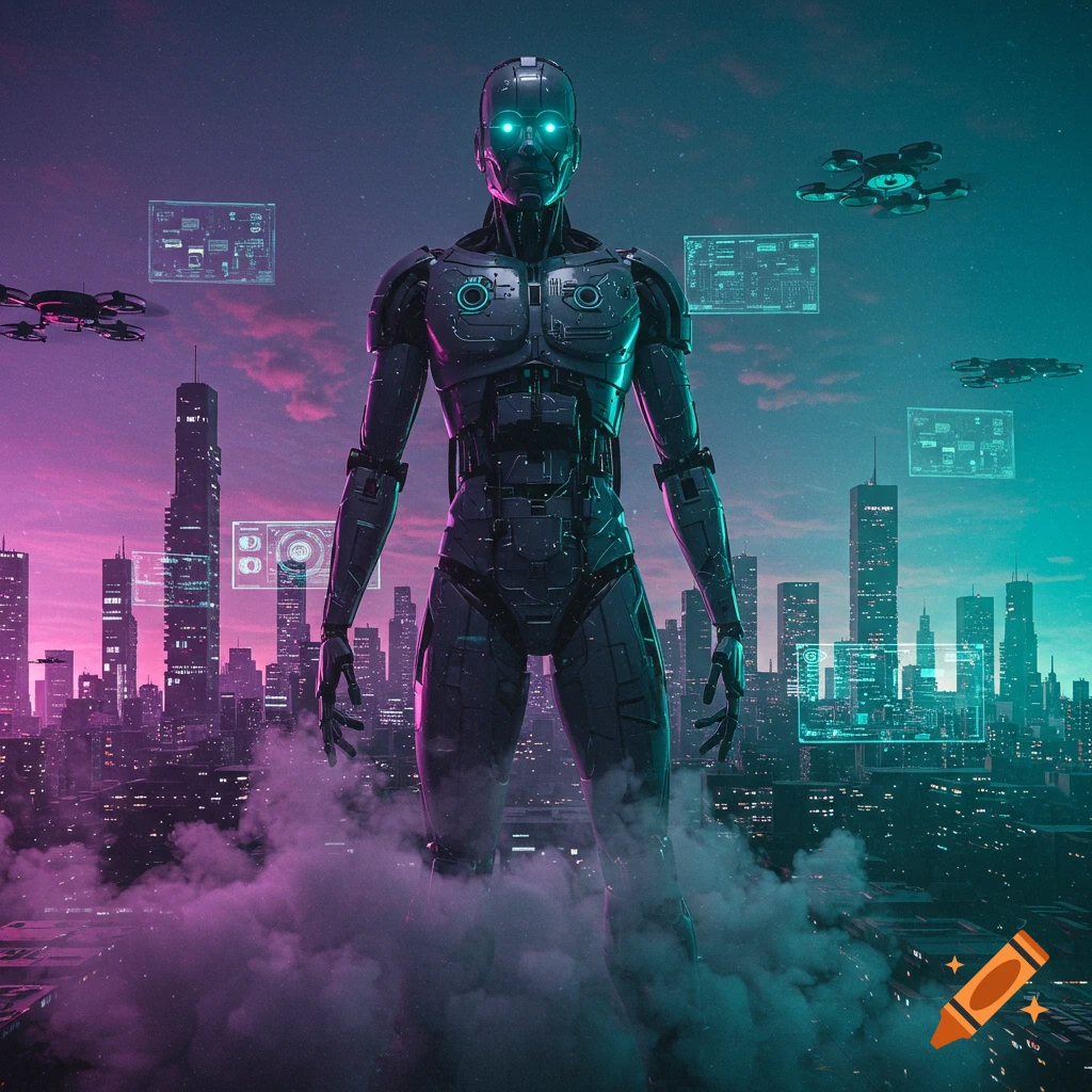 A giant metallic robot with glowing eyes overlooks a futuristic city with holographic screens and drones, in a vibrant cyberpunk style.