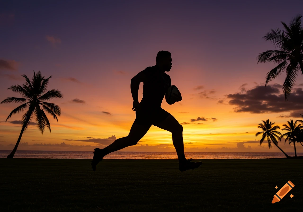 Silhouette of a rugby player running with a ball on a field, framed by palm trees against a vibrant sunset over the ocean.