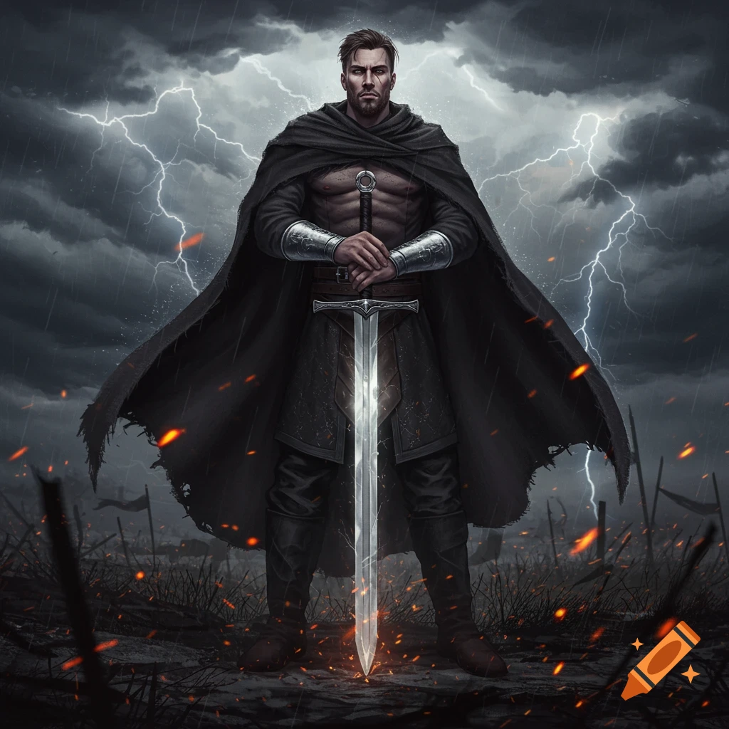 A muscular male warrior in a black cape stands holding a sword upright in a stormy, lightning-filled battlefield.
