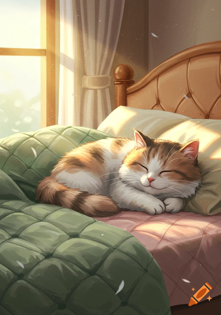 A fluffy calico cat sleeps peacefully on a quilted bed, bathed in warm sunlight from a window, in an anime style.