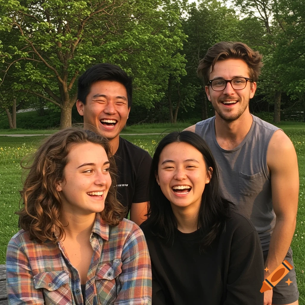 Four diverse young friends laughing and smiling together in a sunny park with green trees and grass.
