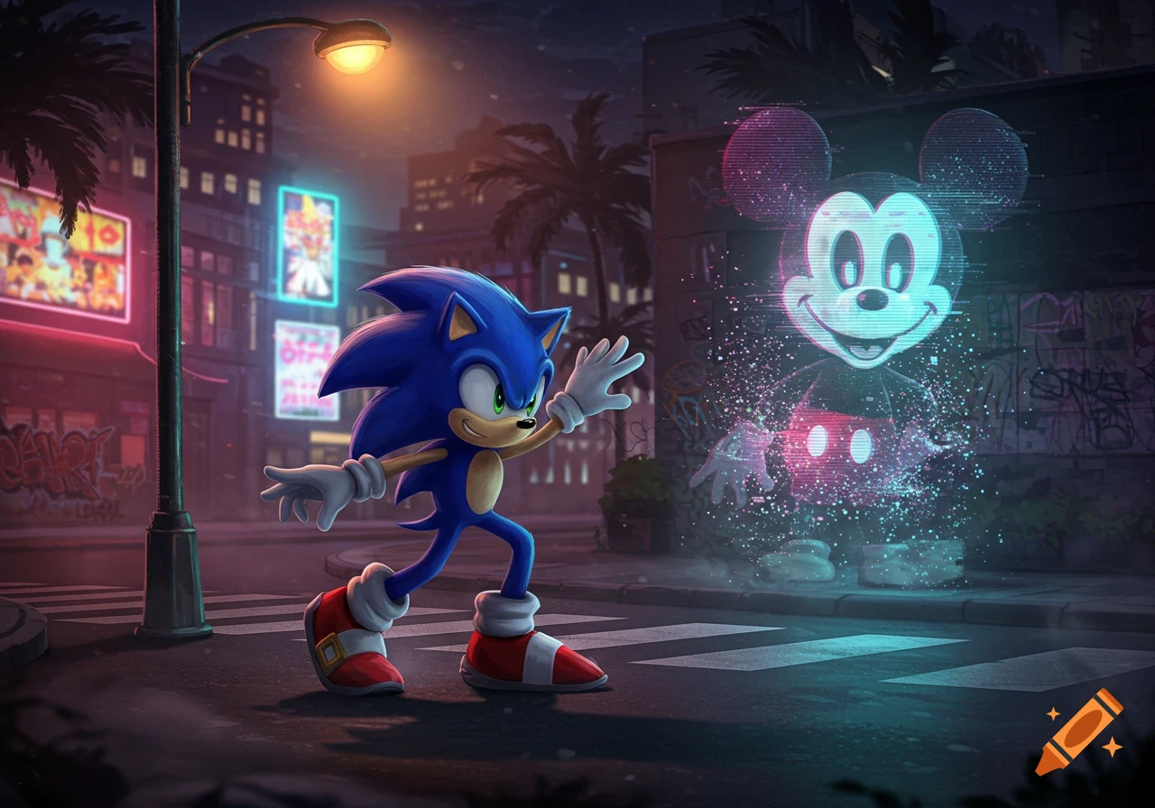Sonic the Hedgehog stands in a neon-lit city street at night, looking at a glitching, holographic Mickey Mouse.