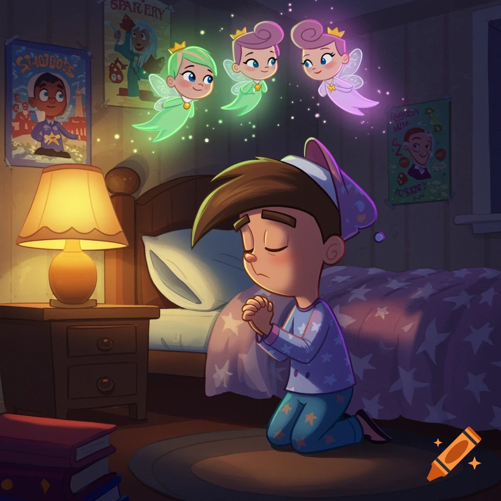 A cartoon boy in pajamas kneels by his bed, praying, as three glowing fairies float above him in a bedroom.