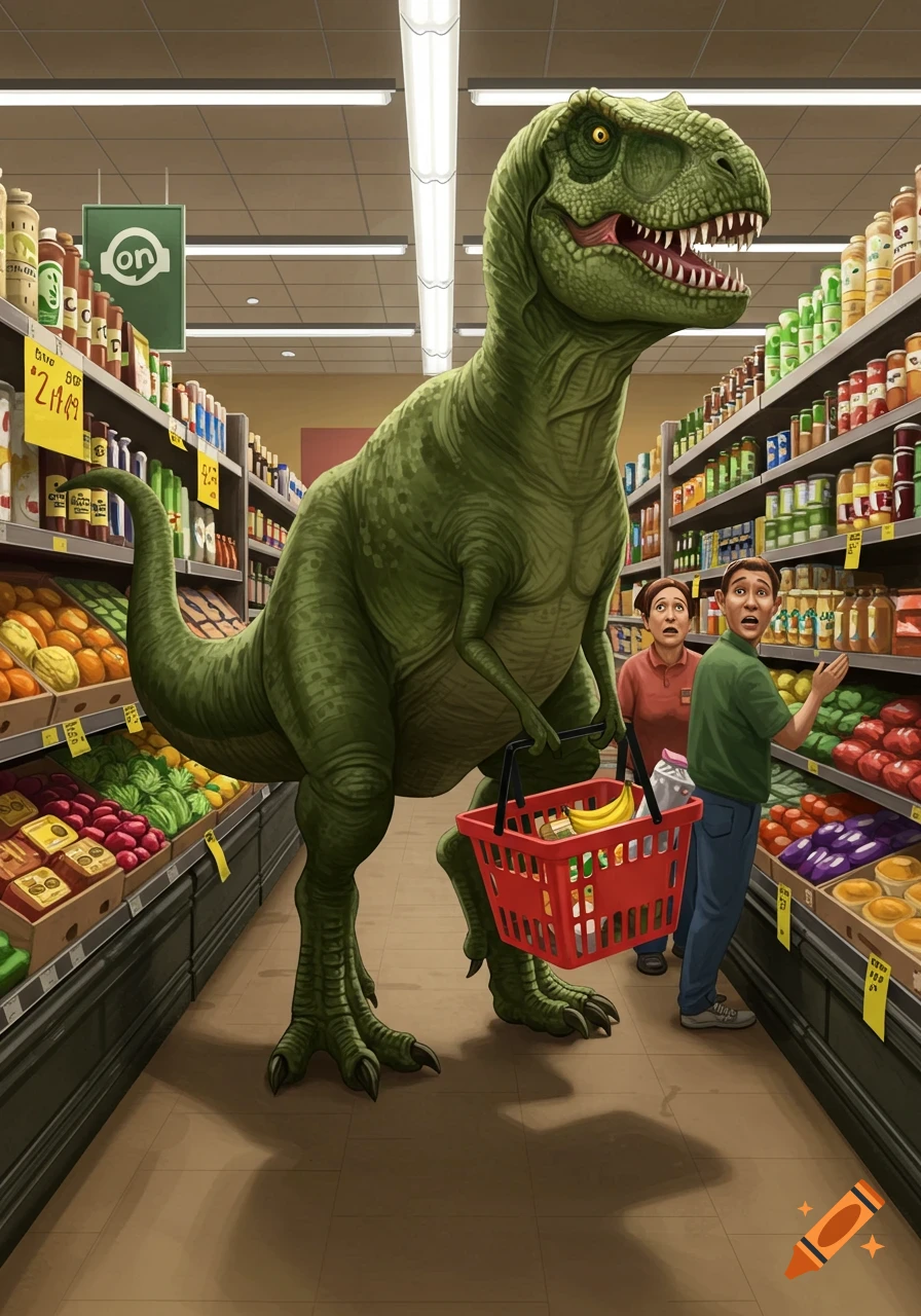 A large green T-Rex with a small red shopping basket full of bananas shops in a grocery store, while two startled human shoppers look on in disbelief. The illustration has a clean, detailed style.