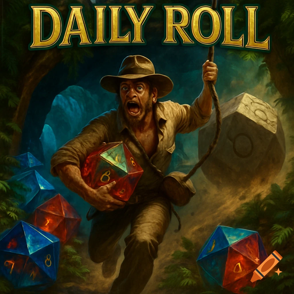 An Indiana Jones-like adventurer swings on a vine, clutching a gem dice, escaping a giant stone dice in a jungle cave. 'DAILY ROLL' text above.