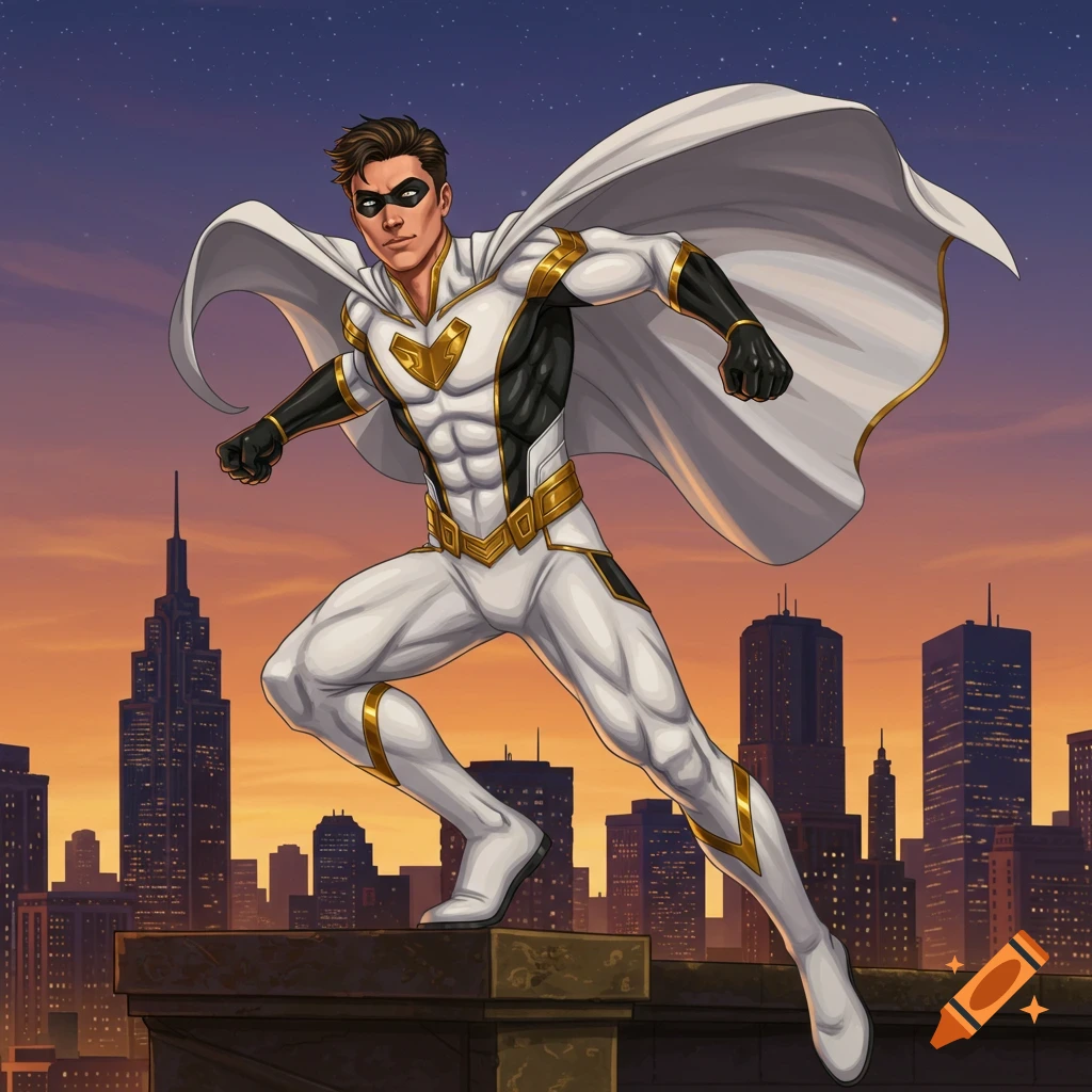 Comic art of a male superhero in a white, black, and gold costume with a cape and mask, standing on a city rooftop at dusk.