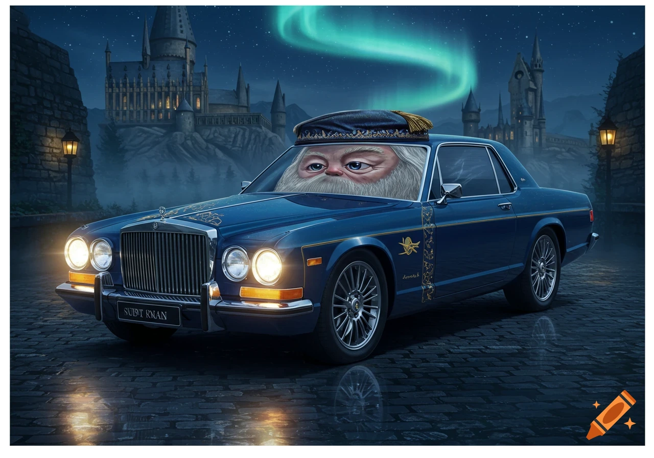 A blue classic car with Dumbledore's face in the windshield, wearing a Scottish hat, parked on a cobblestone road in front of a castle under the aurora borealis at night. Stylized art.