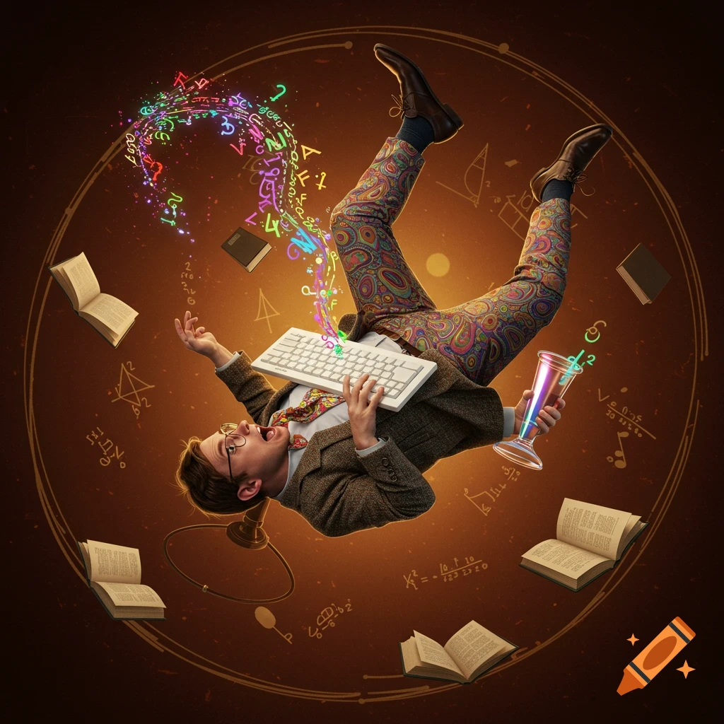A man in a suit and paisley pants tumbles upside down, holding a keyboard and a glowing cup. Colorful symbols flow from the keyboard, with books and equations floating around against a brown background.