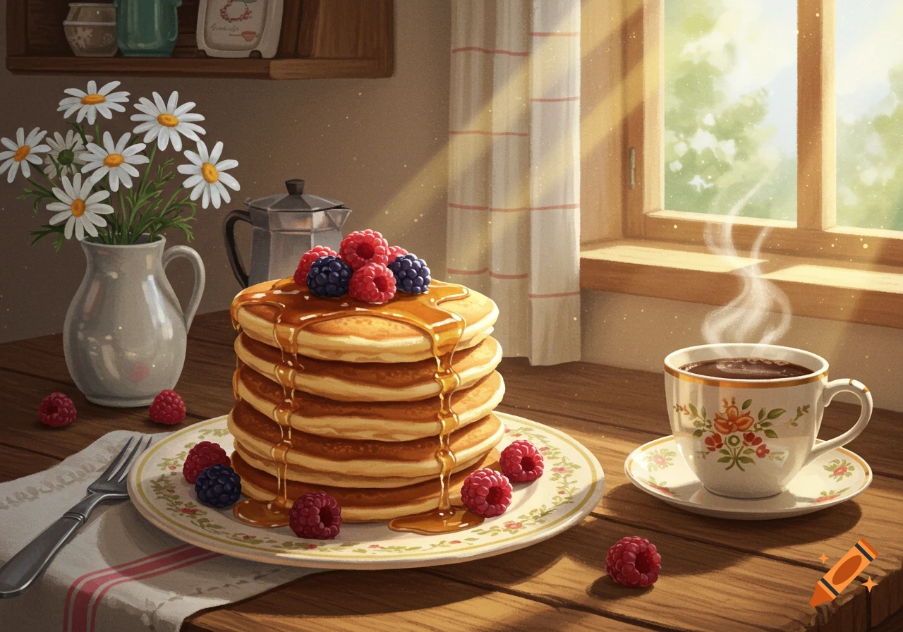 An illustration of a stack of pancakes with berries and syrup, a steaming coffee cup, and a vase of daisies in a sunlit window setting.