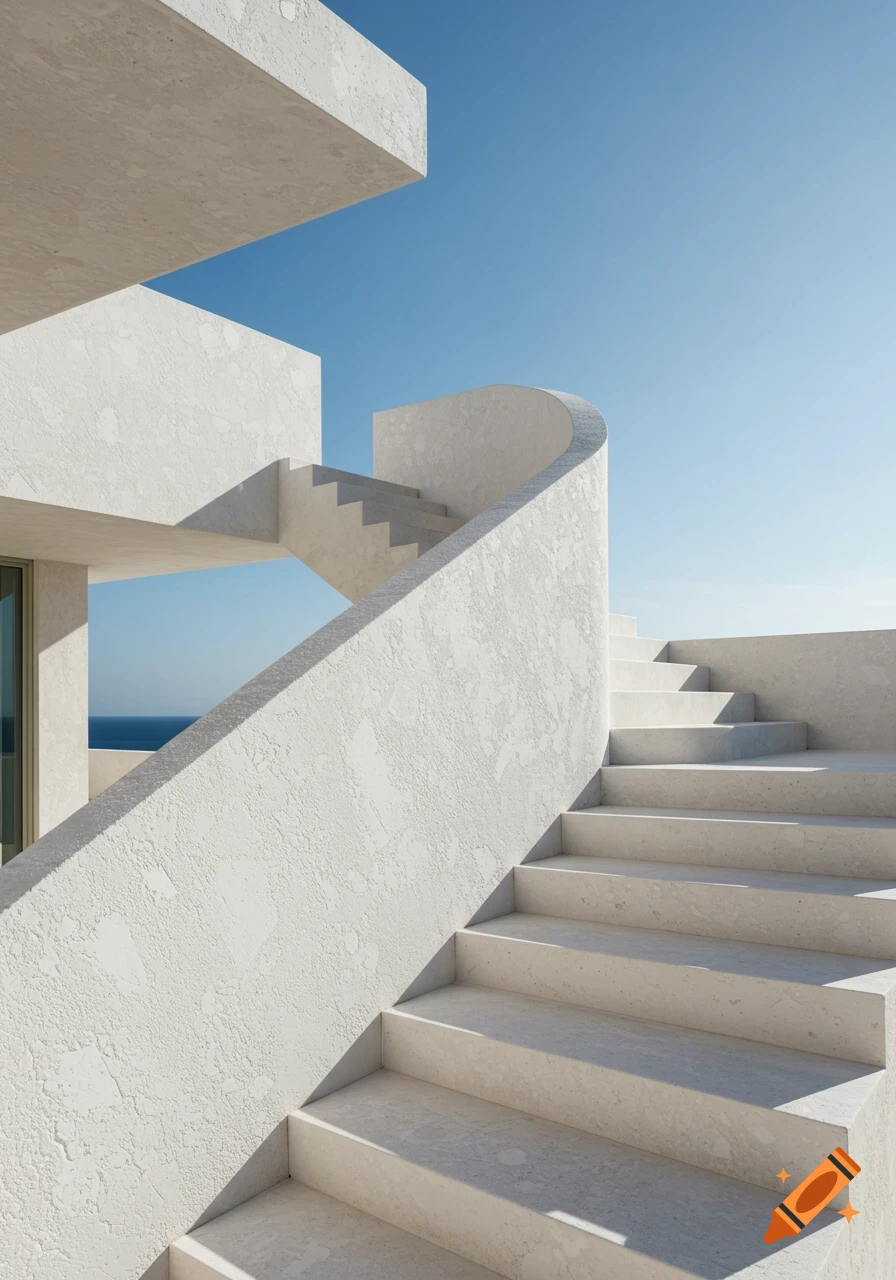 Minimalist white stone staircase leading upwards, with a blue sky and ocean visible in the background.