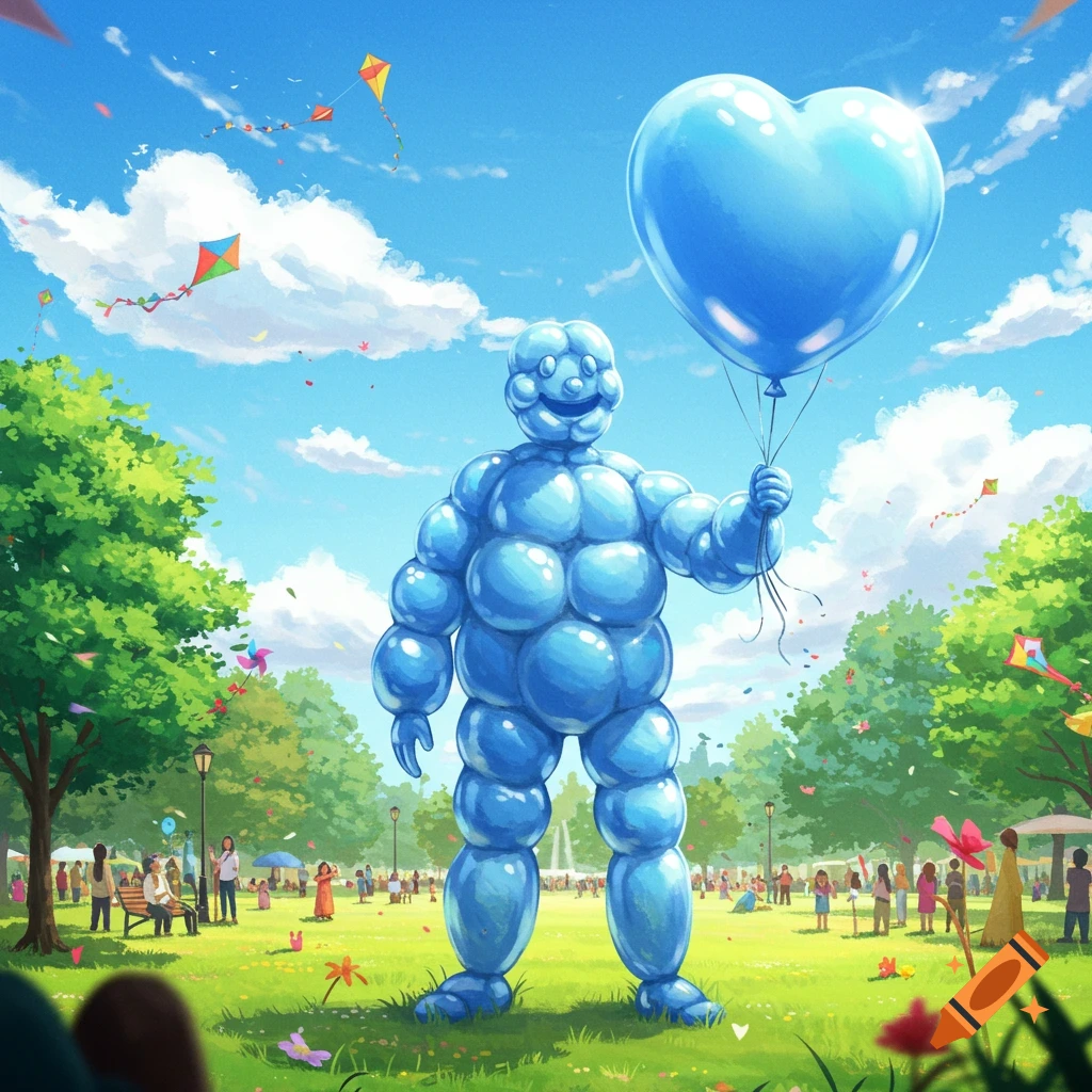 A giant blue balloon man, reminiscent of the Michelin Man, holds a large blue heart balloon in a sunny park with people and kites, in a cheerful cartoon style.