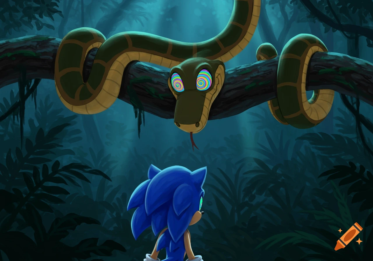 Kaa the snake with hypnotic eyes on a tree branch above Sonic the Hedgehog in a dark jungle, cartoon style.