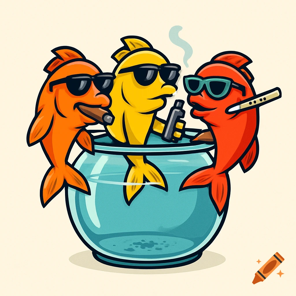 Three cartoon fish with sunglasses sitting on a fishbowl, one smoking a cigar, one vaping, and one with a cigarette.