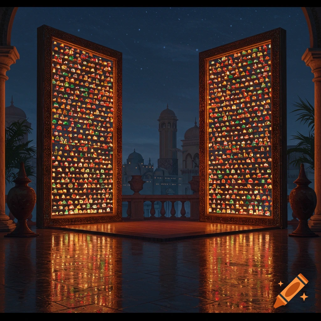 Two ornate, glowing panels filled with colorful lamps flank a platform on a balcony overlooking an ancient city at night.