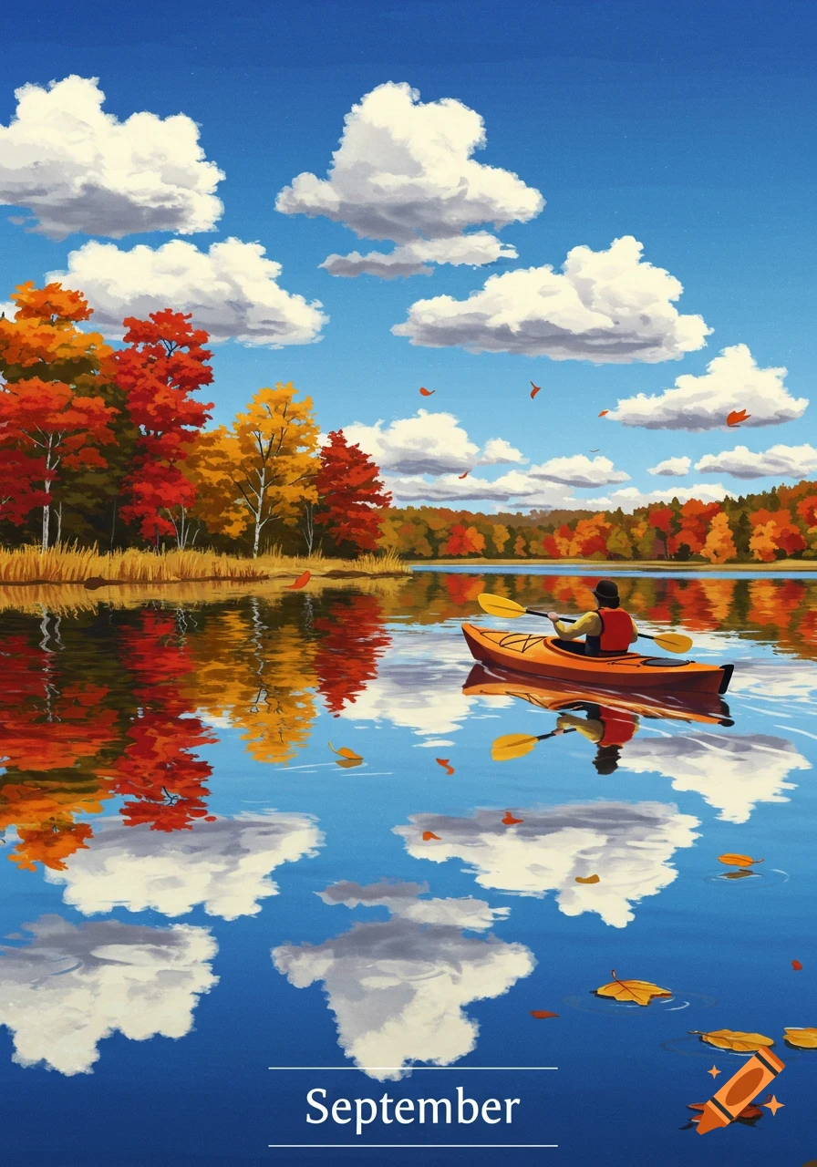 Digital painting of a person kayaking on a calm lake surrounded by vibrant autumn trees under a bright blue sky with fluffy white clouds. The word "September" is at the bottom.
