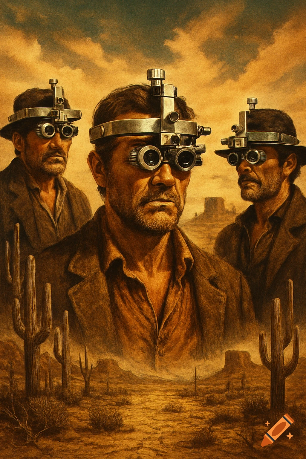 Three men in a desert, wearing elaborate steampunk-style ophthalmoscopes over their eyes and foreheads, in a western-inspired, painterly style.