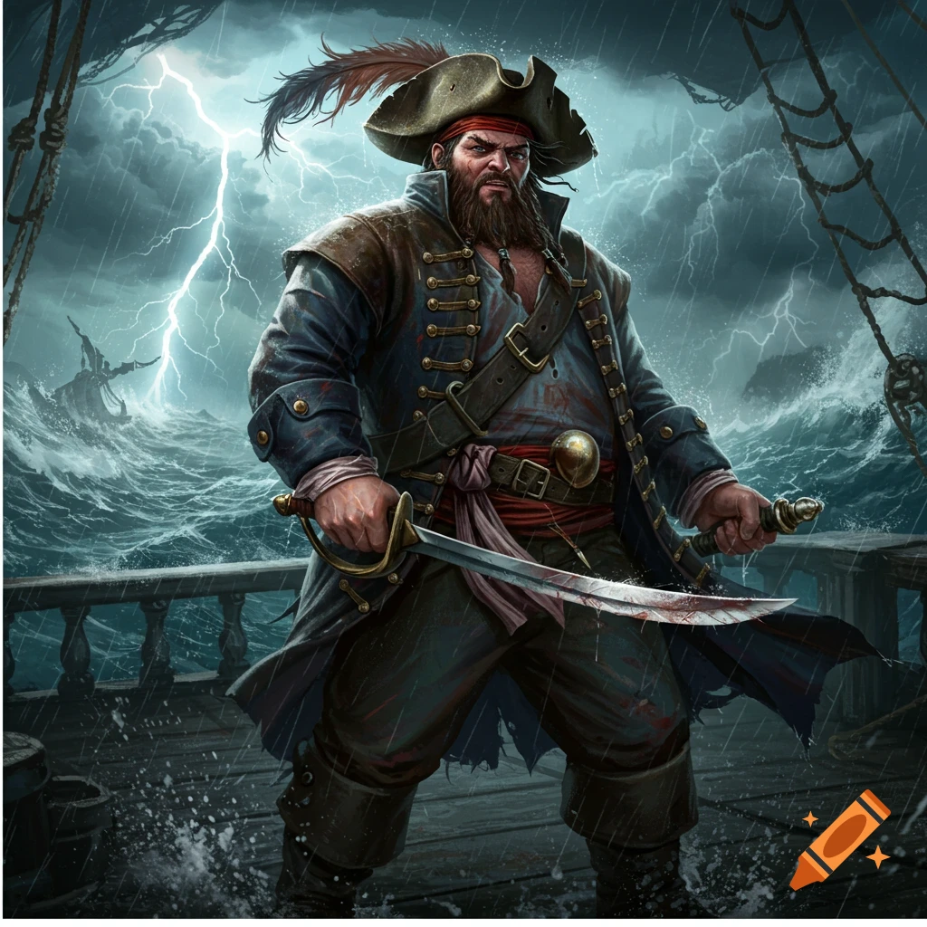 A burly pirate in a tricorn hat stands on a ship's deck during a lightning storm, holding a bloodied cutlass.