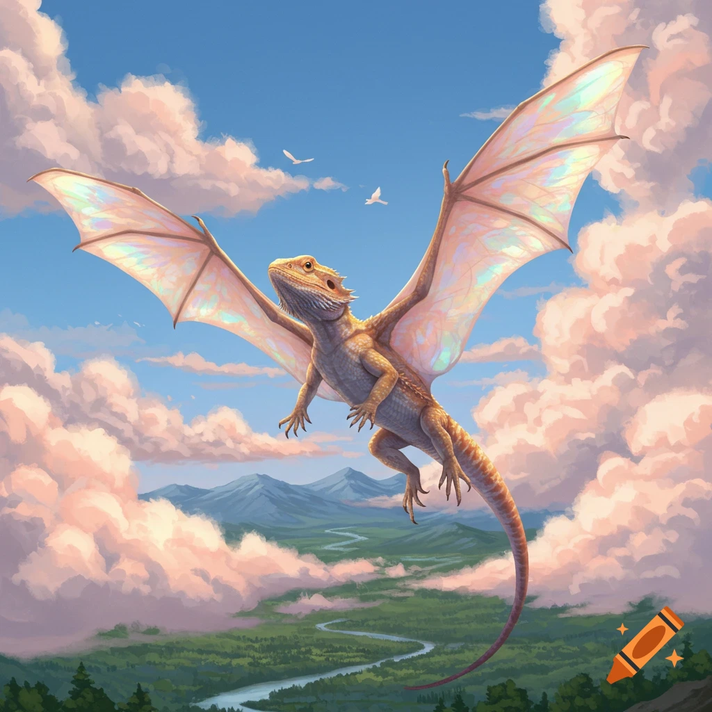 A winged bearded dragon with iridescent wings soars over a green valley with mountains, under a blue sky with fluffy clouds.