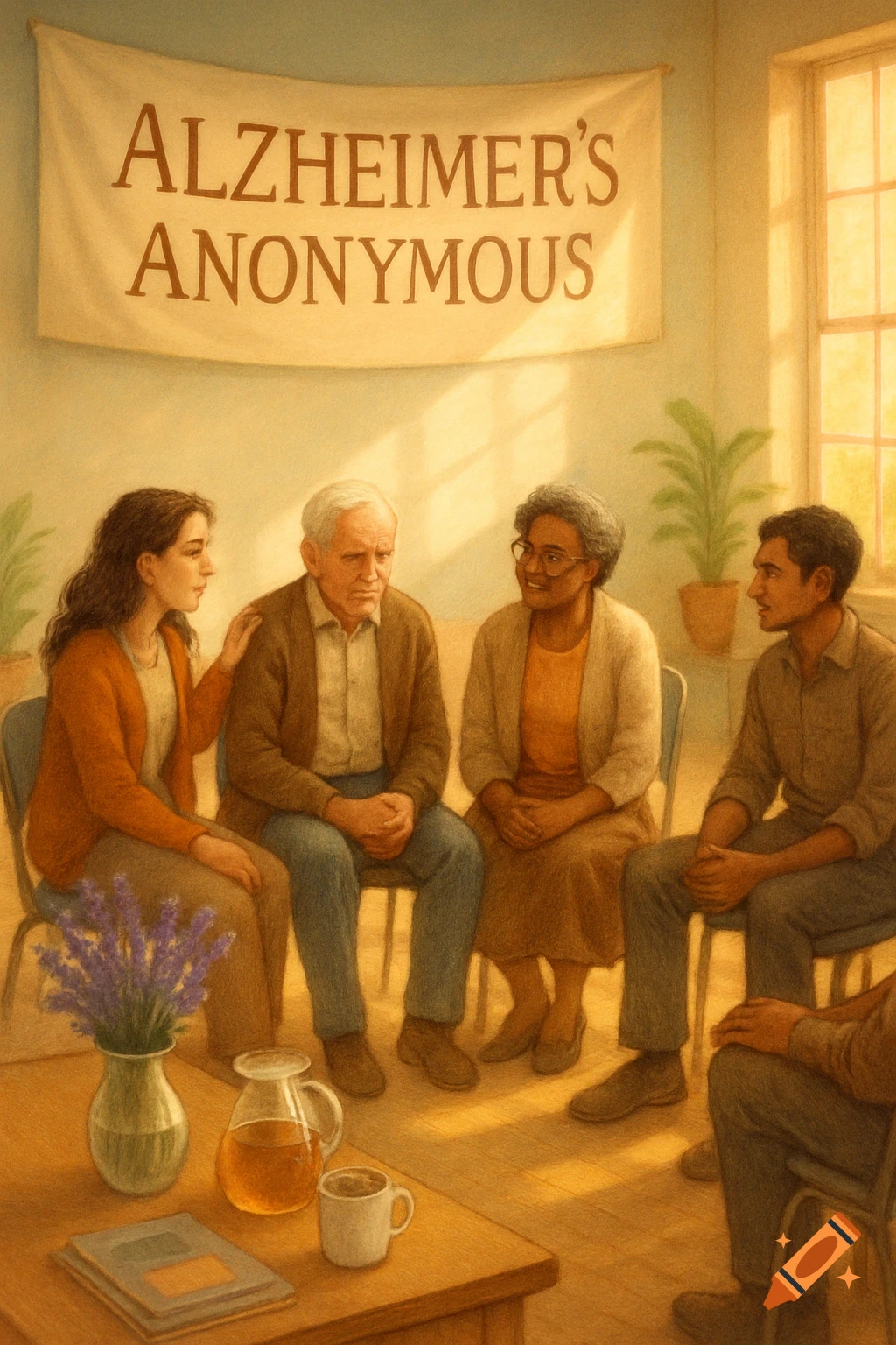 An illustration of a diverse group of people sitting in a circle during an Alzheimer's Anonymous support meeting.
