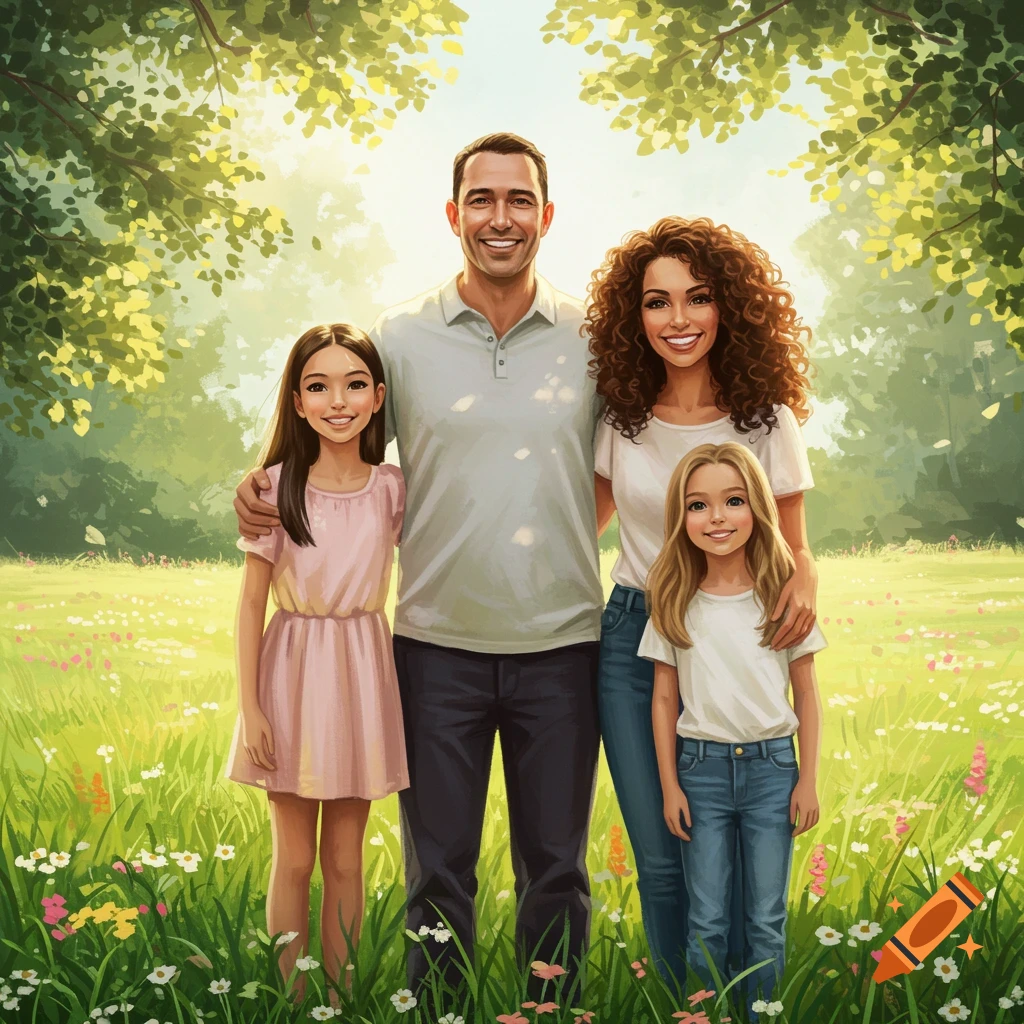 A happy family of four, including parents and two daughters, smiles in a sunlit park with green grass and wildflowers, in an illustrative style.