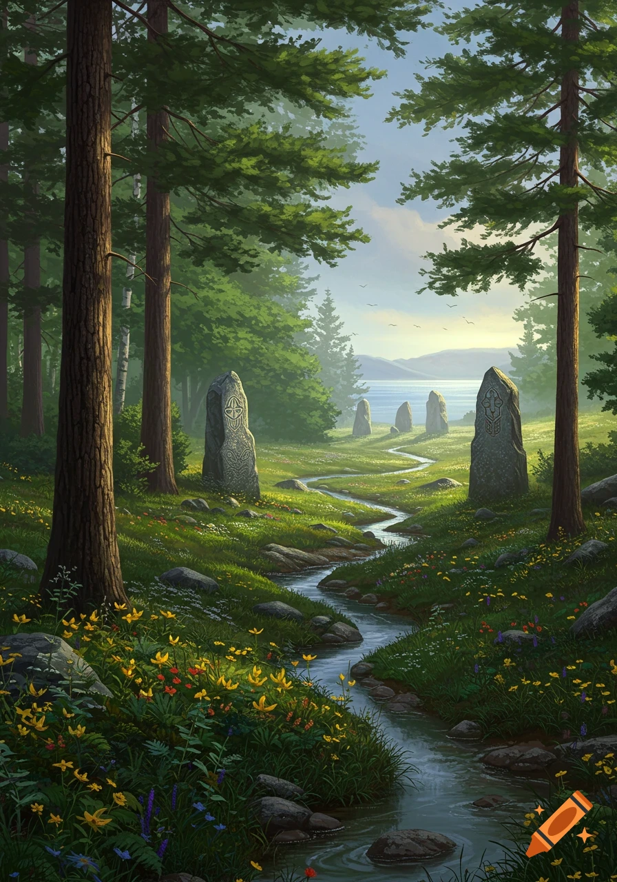 Serene forest landscape with a stream winding through a grassy meadow, past ancient Celtic standing stones, under a bright sky.
