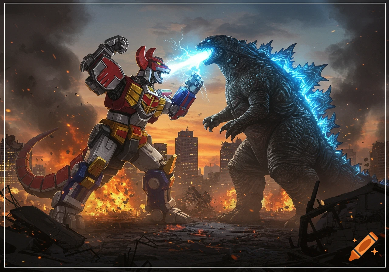 The Dino Megazord battles Godzilla in a destroyed city, with Godzilla firing a blue atomic breath beam.