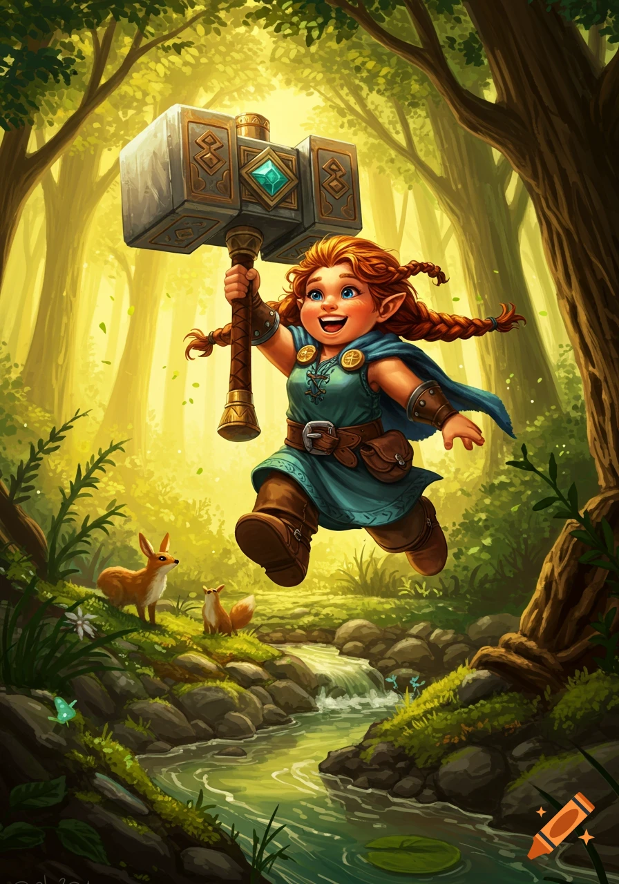 Vibrant cartoon illustration of a joyful dwarven princess with red braids, wielding a giant hammer, leaping through a sunlit forest with foxes.