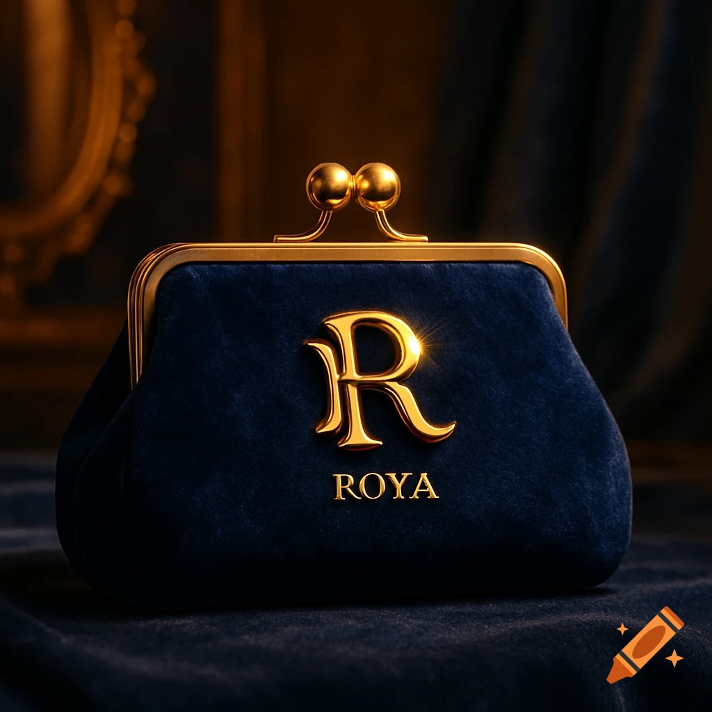 A close-up of a luxurious dark blue velvet clasp purse with a golden frame and a prominent 'R' and 'ROYA' in gold text.