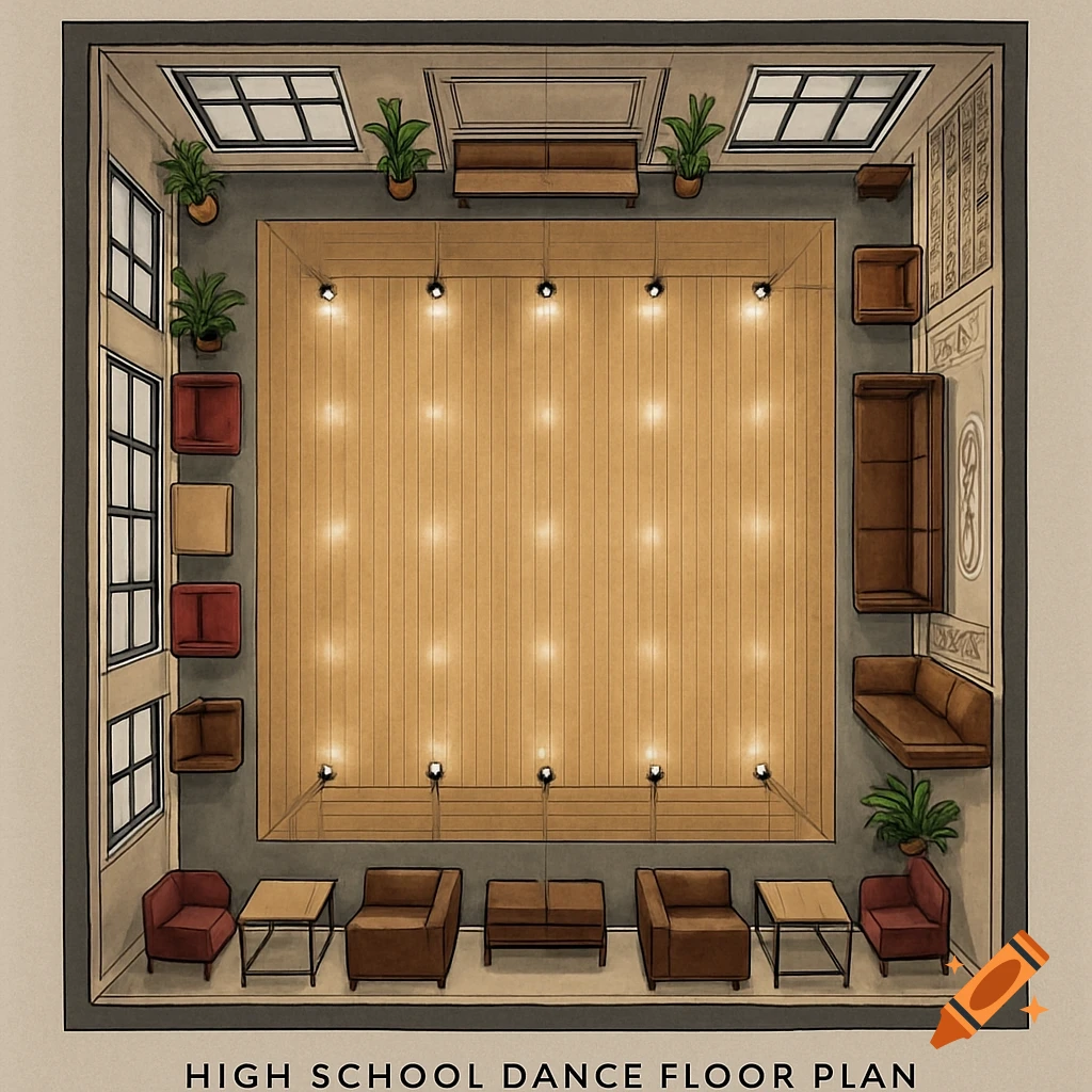 Isometric top-down floor plan of a high school dance with a wooden floor, surrounding seating, windows, and potted plants.