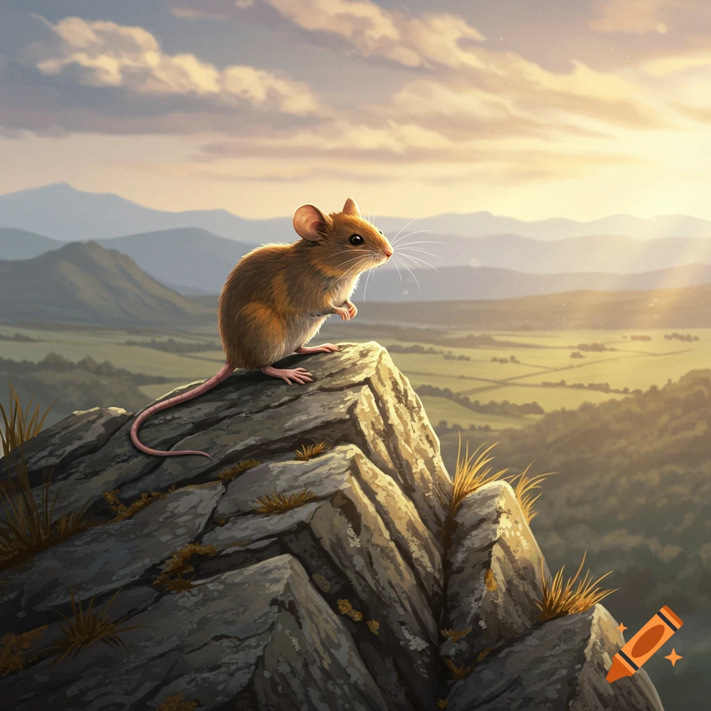 A brown mouse sits atop a rocky peak, looking over a sunlit valley and distant mountains at sunset.