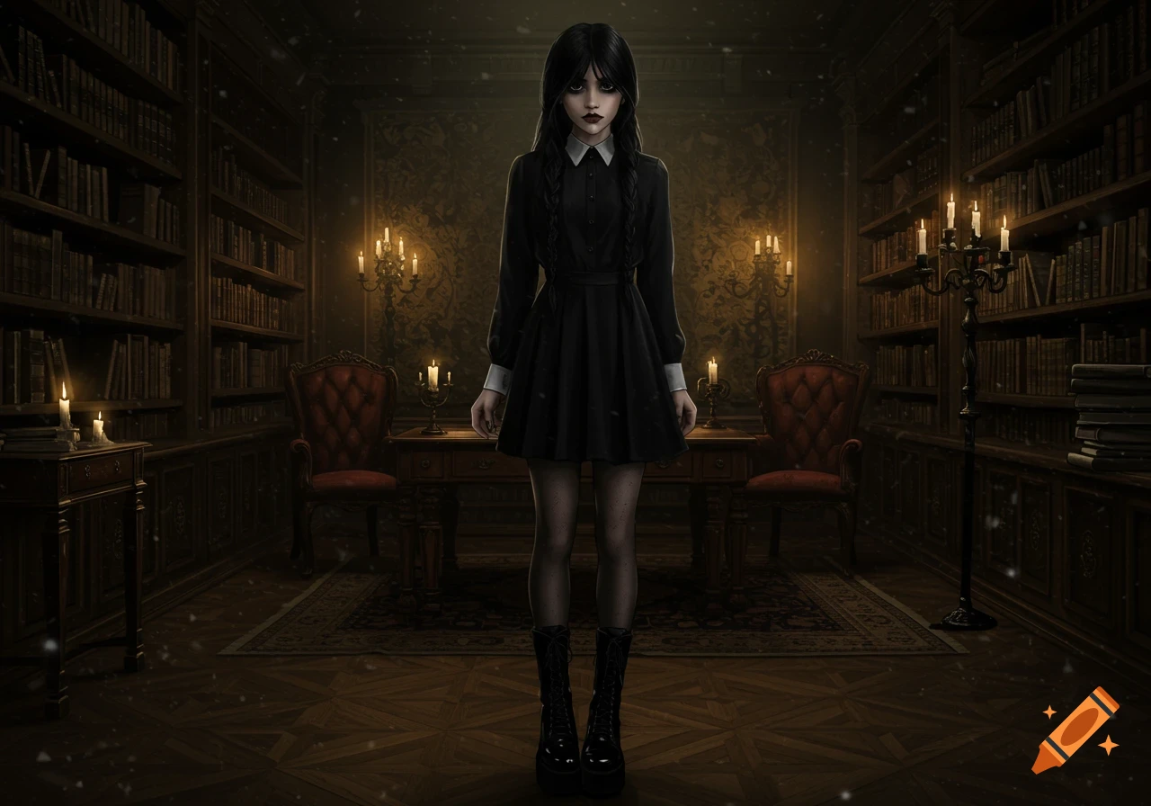 A gothic girl with black braids and a black dress stands in a dark, candlelit library, resembling Wednesday Addams. Realistic style.