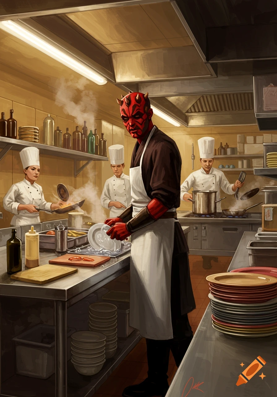 Detailed illustration of Darth Maul washing dishes in a busy, professional kitchen with other chefs cooking.